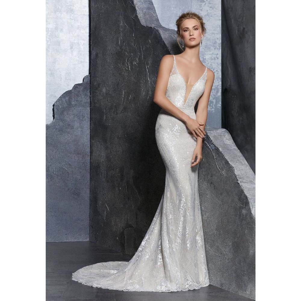 Morilee Kendra 8201 Art Deco Spaghetti Strap Beaded Wedding Dress Ivory Sz 9/10